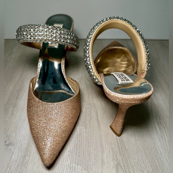 Badgley Mischka Jewel Gold Glitter Jan Strappy Pointed Toe Heels Mule 8 - Picture 15 of 16